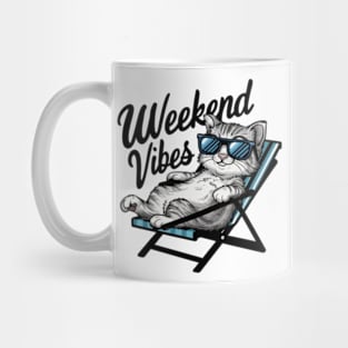 One design features a cool and comfortable kitten wearing sunglasses, casually lounging on a beach chair Mug